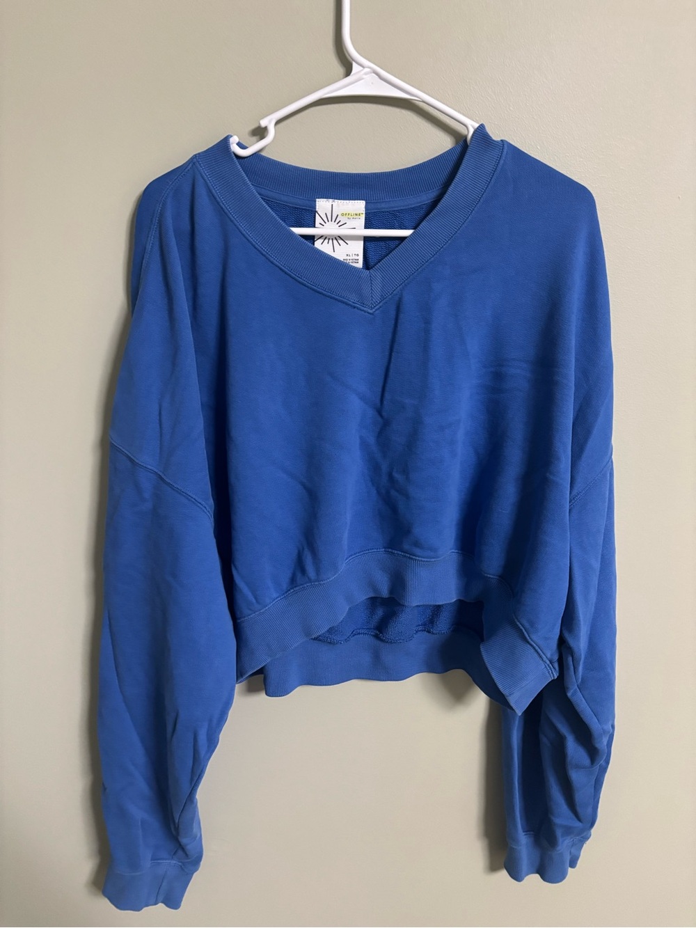 Aerie Offline Cropped V-Neck Pullover Sweatshirt Blue Women's Size XL Lounge